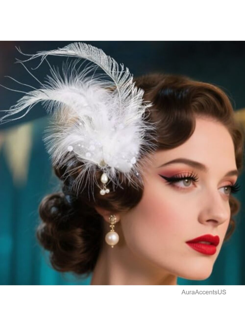1920s Flapper Feather Pearl Hair Clip Fascinator Headpiece
